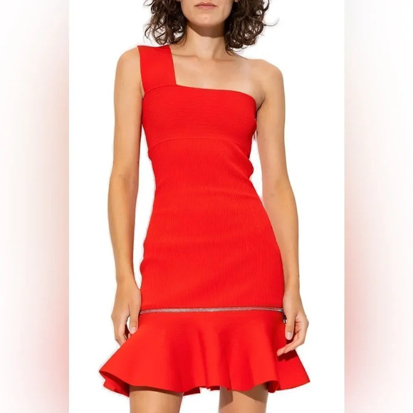 Alexander McQueen Red Ruffle Zip Hem One Shoulder Flounced Cocktail Dress Size M - Picture 8 of 11